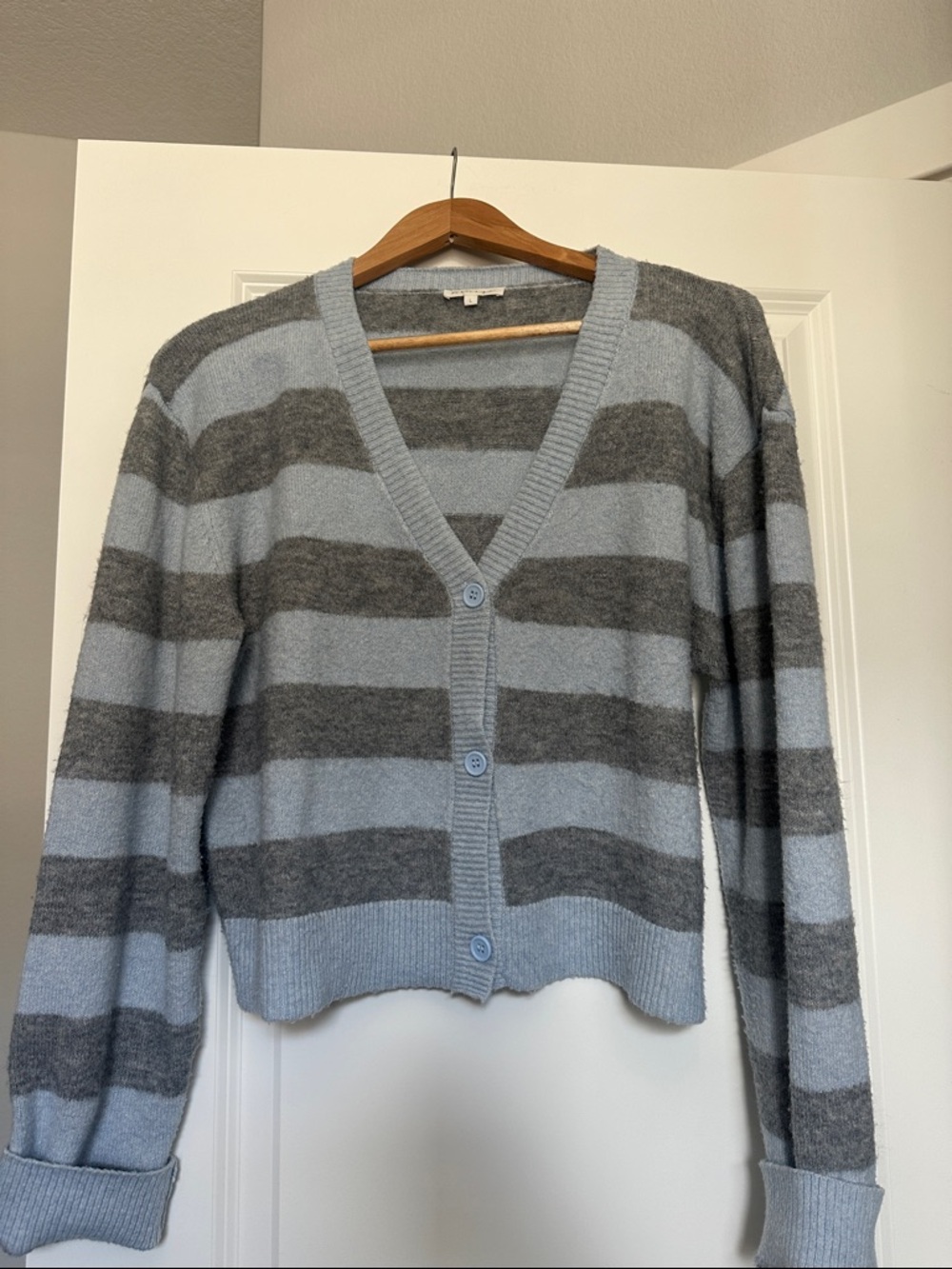 Mimosa Rugby Striped V-Neck Button Cardigan Sweater - Blue & Heathered Gray  - L